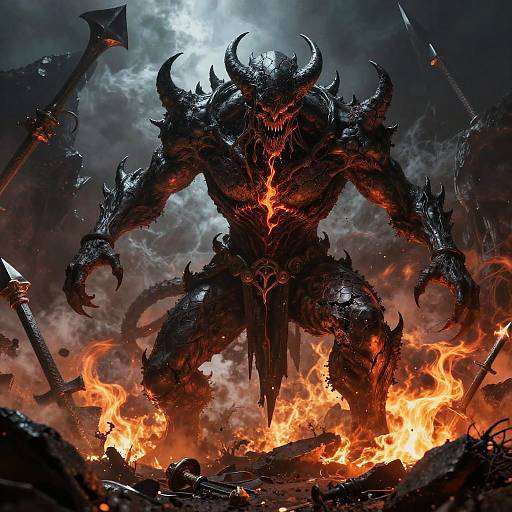 Digital fantasy artwork of a fearsome, black, horned demon with glowing red cracks, standing amidst intense flames, surrounded by spiked weapons and dark smoke
