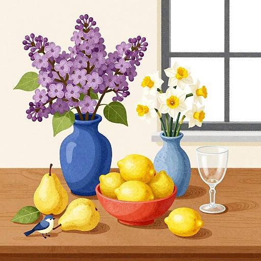 Vibrant Still Life with Flowers and Fruits