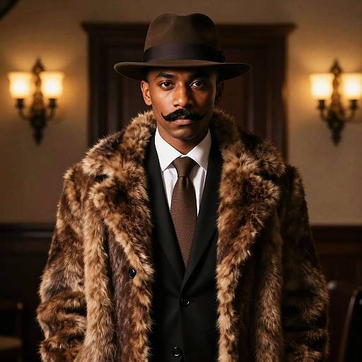 Photograph of a Black man with dark skin, mustache, wearing a brown fedora, brown fur coat, black suit, white shirt, brown