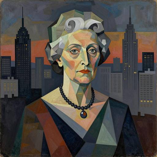 Cubist Portrait of Elderly Woman with City Skyline