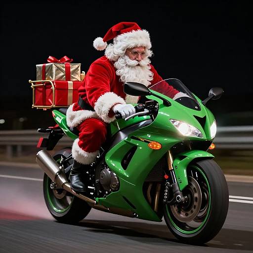 Photograph of Santa Claus in red suit and white fur trim riding a green sport motorcycle, with two gift-wrapped boxes on the back, at night