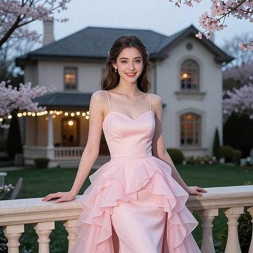 Photograph of a smiling young woman with long brown hair, wearing a pink, ruffled, strapless ball gown, standing in front of a lit