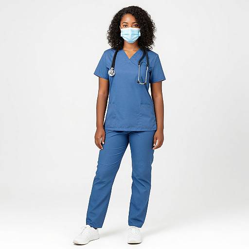 Photograph of an African American woman with curly hair, wearing blue scrubs, a blue surgical mask, and white sneakers, with a stethoscope