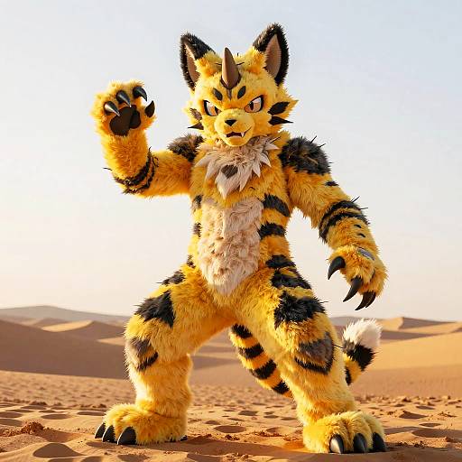 Photorealistic CGI of a fierce, anthropomorphic tiger-furry with yellow and black stripes, white chest fur, sharp claws, and a desert background