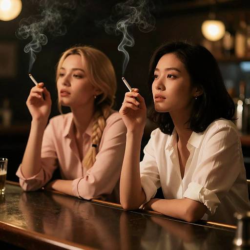 Two Women Smoking at Bar Counter