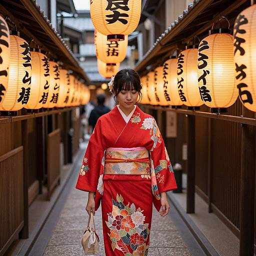 Woman in Red Kimono by Lanterns