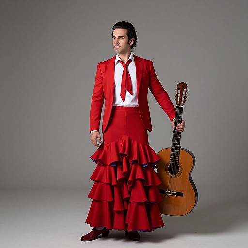 Photograph of a man with dark hair in a bright red suit and ruffled skirt, holding a guitar, against a gray background.