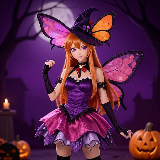 Digital anime-style illustration of a cute, purple-eyed, orange-haired witch with pink and purple butterfly wings, wearing a purple corset and skirt, black