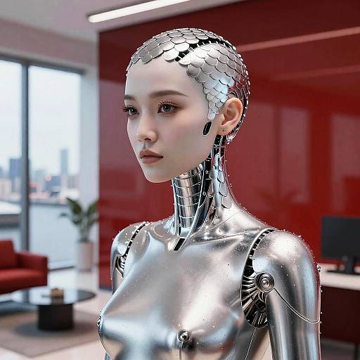 Silvered Cybernetic Strategist in Cyberpunk Apartment