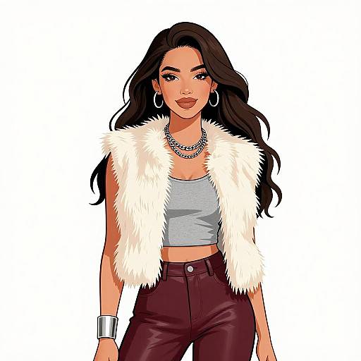 Digital illustration of a confident woman with long black hair, wearing a white fur vest, gray crop top, and maroon leather pants. She has hoop