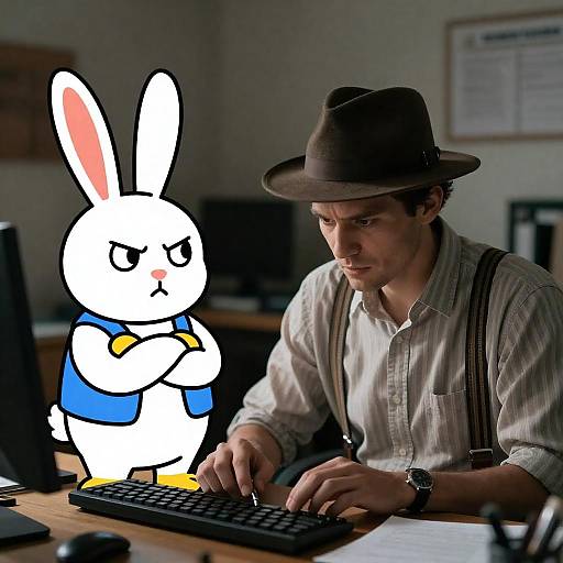 Man Working Beside Angry Cartoon Rabbit