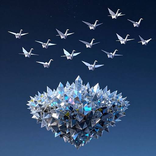 Digital artwork: A sparkling crystal cluster floats in a dark blue sky, surrounded by flying white paper birds, creating a whimsical, celestial scene.
