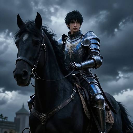 Digital painting of a serious-looking Asian male knight in shiny, detailed armor riding a black horse under a stormy, cloudy sky.