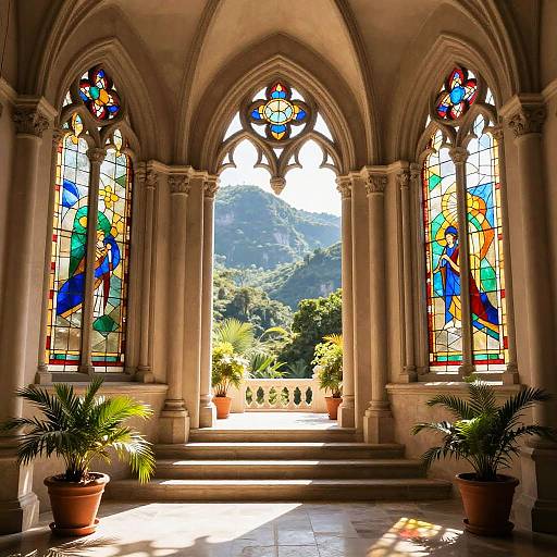 Photograph of a sunlit Gothic-style chapel interior with vibrant stained glass windows, tall arches, potted plants, and a mountainous landscape outside