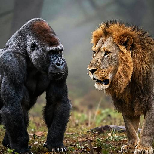 Photograph of a black silverback gorilla and a golden-maned male lion standing face-to-face in a misty forest, both staring intensely at