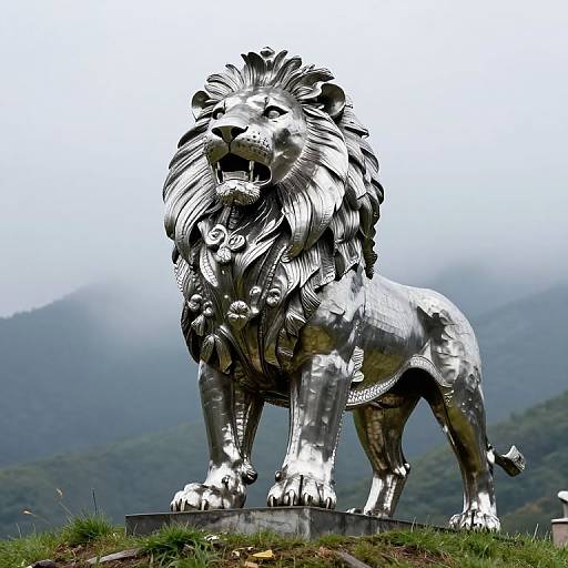 Photograph of a large, shiny, silver lion statue with a detailed mane, standing on a grassy hilltop, misty mountains in the background