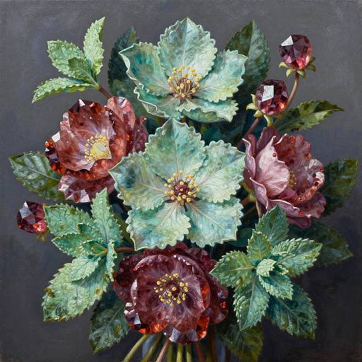 Photorealistic painting of a bouquet featuring vibrant red and green flowers with detailed petals and leaves against a dark background.