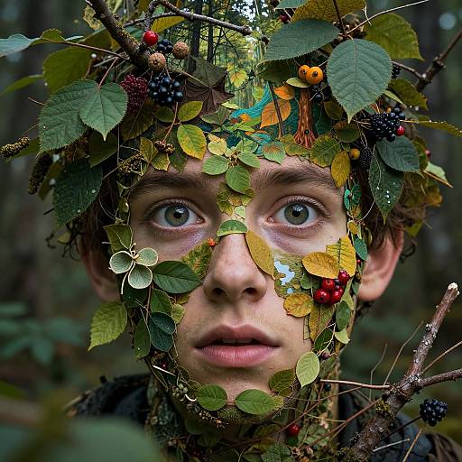 Photograph of a young man with blue eyes, wearing a natural leaf and berry crown, blending into a forest background.