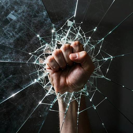 Photograph of a clenched, fair-skinned hand smashing through a shattered, spiderweb-patterned glass pane with bright, jagged cracks radiating
