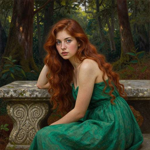 Digital painting of a red-haired woman with fair skin, wearing a green dress, sitting on a moss-covered stone bench in a forest. Her expressive blue