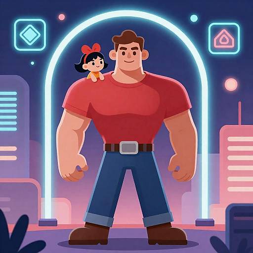 Muscular Man with Girl on Shoulder in Neon Cityscape