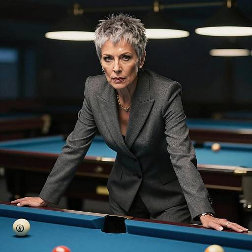 Photograph of a confident, short-haired woman in a gray blazer leaning on a pool table in a dimly lit billiards room.