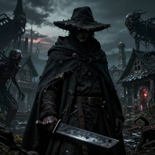 Dark, gothic fantasy digital artwork of a menacing figure in tattered cloak and wide-brimmed hat, holding a bloody saw blade, surrounded by