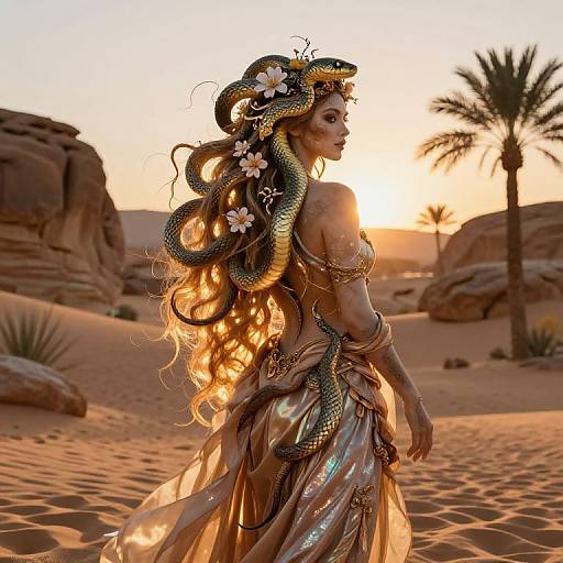 Digital artwork of a woman with long, wavy, snake-haired crown, wearing a golden, flowing desert dress, standing in a sunlit desert with