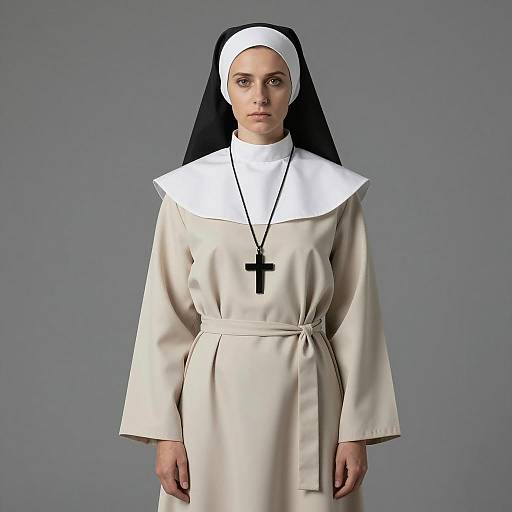 Female Nun in Beige Habit with Black Cross Necklace