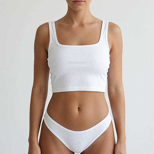 Photograph of a woman with tanned skin, wearing a white ribbed tank top and matching white ribbed bikini bottom, against a plain white background