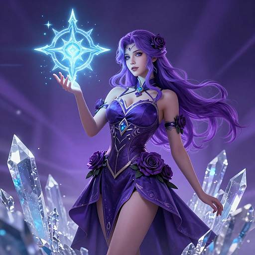 Digital artwork of a purple-haired, fair-skinned woman in a revealing, ornate purple dress, conjuring a glowing star crystal amidst a field of