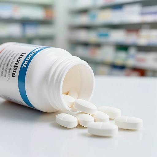 Photograph of an overturned white pill bottle with blue label spilling white tablets onto a white surface in a blurred pharmacy background.
