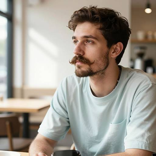 Photograph of a bearded, curly-haired man with a mustache, wearing a light blue shirt, sitting in a sunlit, modern café.