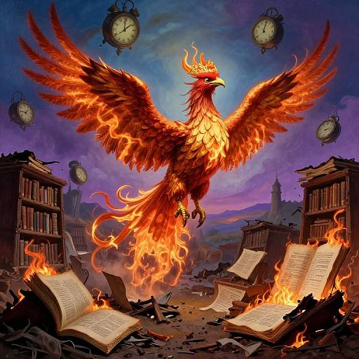 Digital artwork of a fiery phoenix with outstretched wings, surrounded by floating clocks, burning books, and open manuscripts in a chaotic, twilight sky.