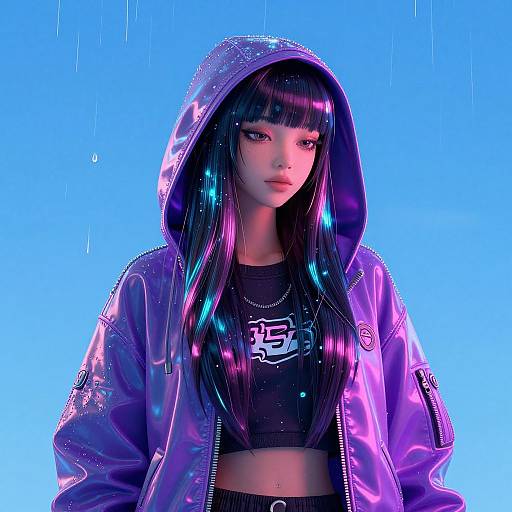 Digital art of a young woman with long black hair, neon blue and pink highlights, wearing a hooded jacket and black crop top, against a vibrant