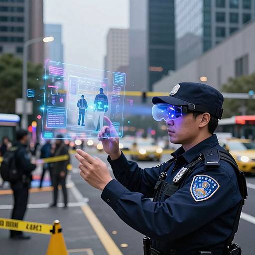 Photograph of an Asian male police officer in futuristic helmet and uniform, interacting with holographic display of people on city street.