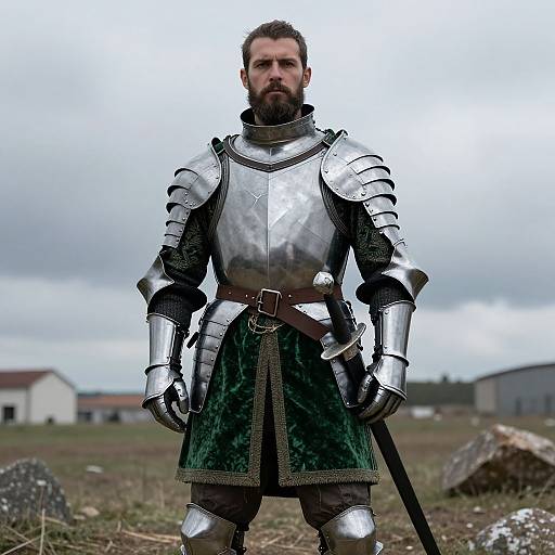 Photograph of a bearded man in medieval-style silver armor with a green velvet tunic, standing in a grassy field with cloudy sky, grav