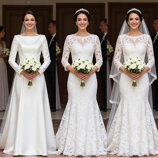 Photograph of three smiling brides in white wedding dresses: left in satin, center in lace, right in lace with veil, holding white flower bouquets