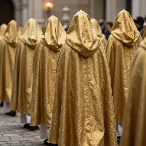Photograph of a group of people wearing shiny, golden, hooded robes, standing in a cobblestone street, with blurred background.