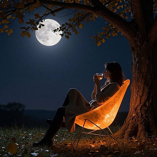 Photograph of a woman in a glowing orange chair, sipping a drink, under a full moon, silhouetted by a tree, in