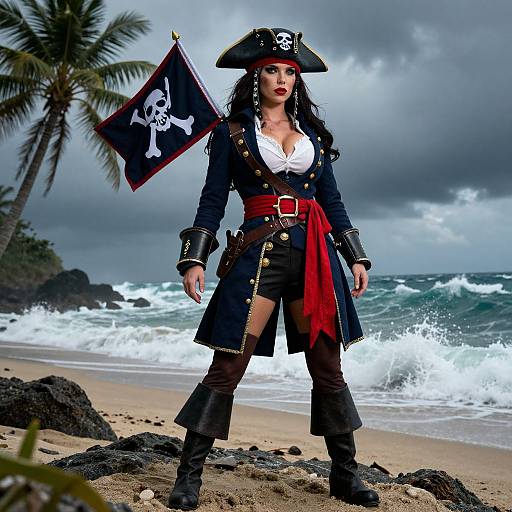 Photograph of a fierce female pirate standing on a rocky beach, holding a black pirate flag with a white skull and crossbones, wearing a tricorn