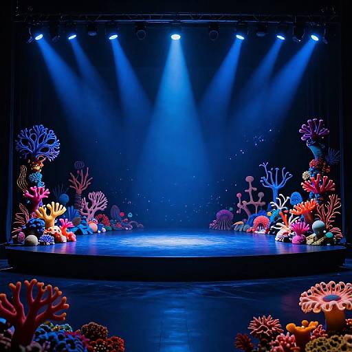 Vibrant underwater-themed stage set with colorful coral, sea anemones, and lights, illuminated by blue spotlights in a dark theater.