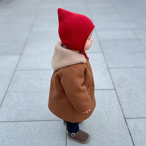 Child in Red Hat on Sidewalk