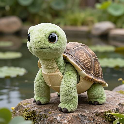 Photograph of a plush, green, cartoon-style turtle with large black eyes, standing on a mossy rock by a pond with lily pads.