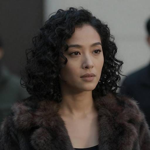 Photograph of a young woman with curly black hair, light brown skin, wearing a dark brown fur coat, standing outdoors with a neutral expression. Background