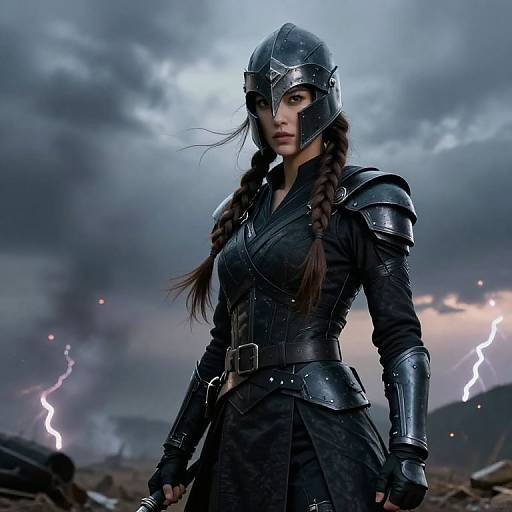 Fierce Female Warrior in Stormy Battlefield
