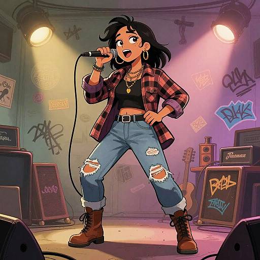 Digital cartoon of a confident female rapper with black hair, hoop earrings, red plaid jacket, ripped jeans, and brown boots, singing into a mic