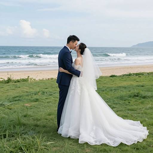 Photograph of a couple kissing on a grassy beach, wearing a white wedding dress and black suit, with ocean waves in the background.