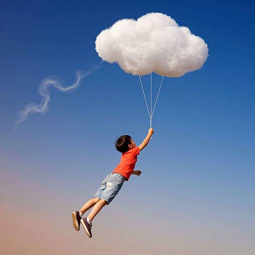 Photograph of a young boy in a red shirt and denim shorts, jumping to grasp a white, puffy cloud with four strings against a clear blue