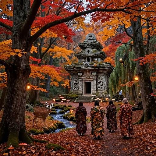 Photograph of five people in autumnal-patterned kimonos standing before an ornate stone temple surrounded by vibrant red and orange leaves, with a